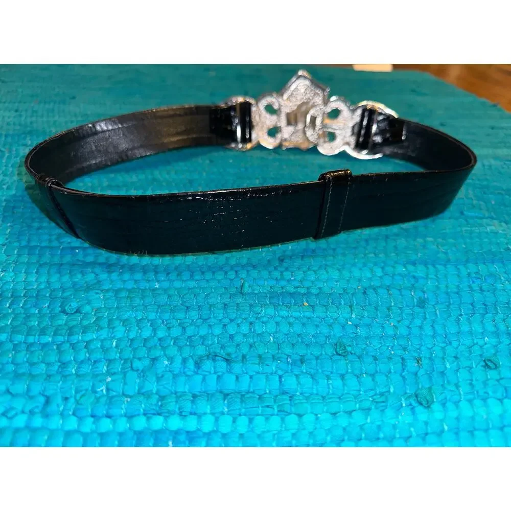 VINTAGE ALEXIS KIRK DESIGNER ALLIGATOR GOLD SILVER BUCKLE ADJUSTABLE SIZE BELT